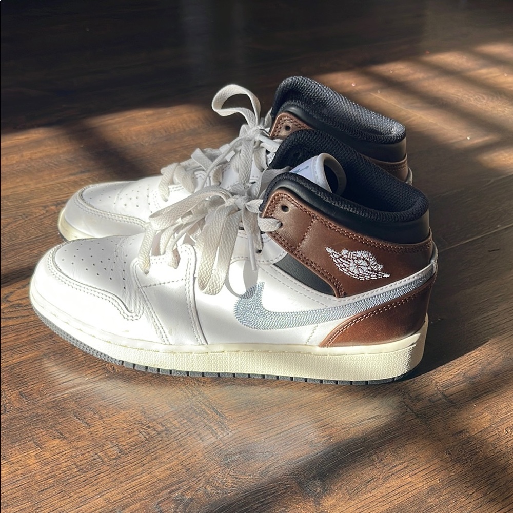 Boys Nike Air Jordan 1 Mid White and Brown Sneakers